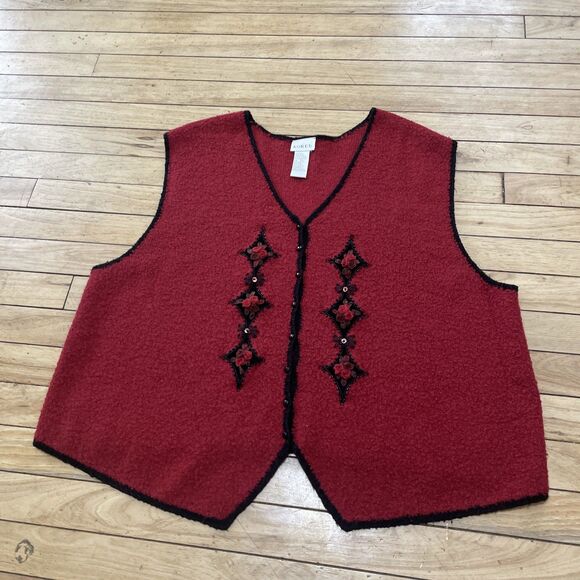 Koret Vtg 90s Wool Sweater Vest Women 2X Red 3D Art Floral Beaded Button Knit - Picture 1 of 16